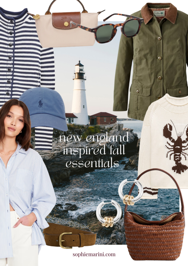 New England inspired fall essentials flat lay over Portland Head Light in Maine